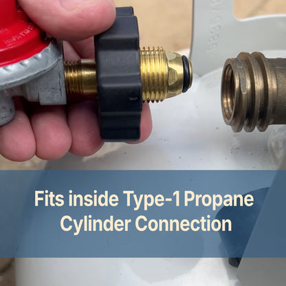 Person holding end of 40-PSI regulator to the propane tank with text that reads, Fits inside Type-1 Propane Cylinder Connection