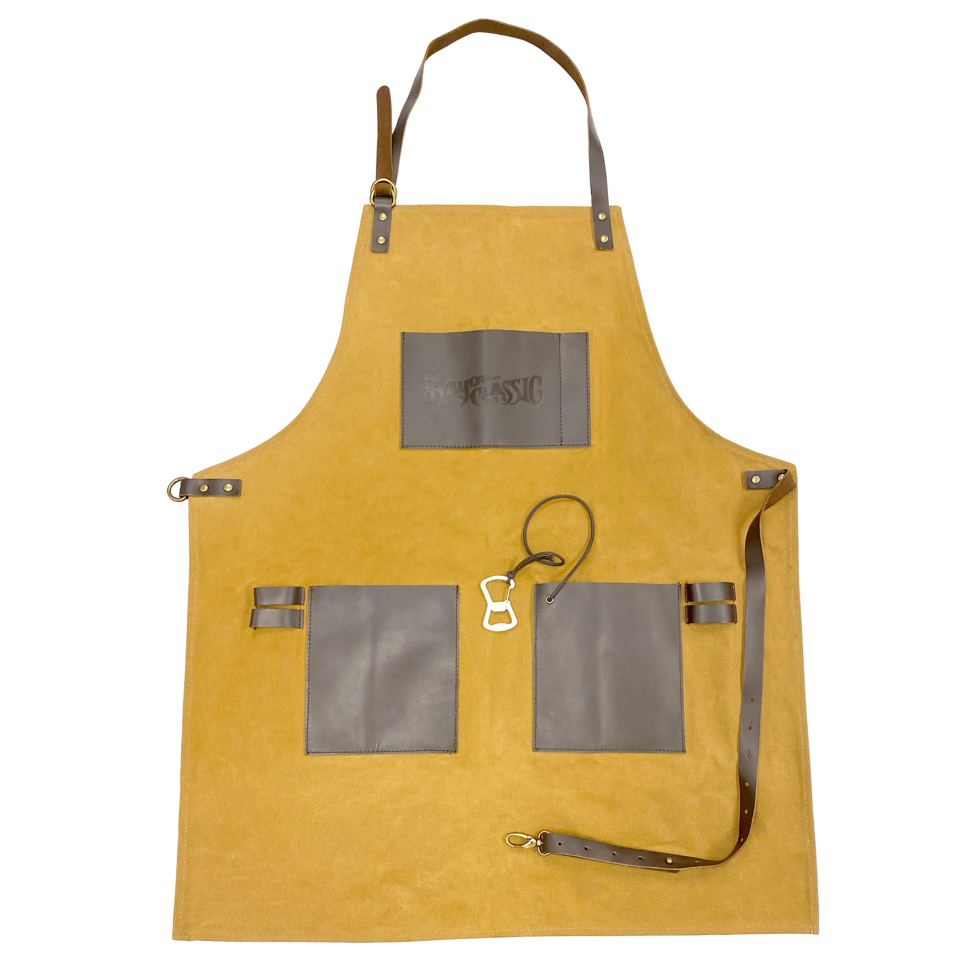 Waxed canvas apron with leather straps and pockets on a white background