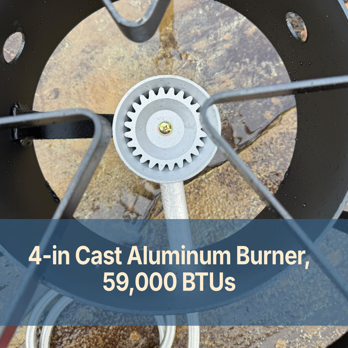 Close-up of a 4-inch cast aluminum burner with text that reads 4-in cast aluminum burner, 59,000 BTUs