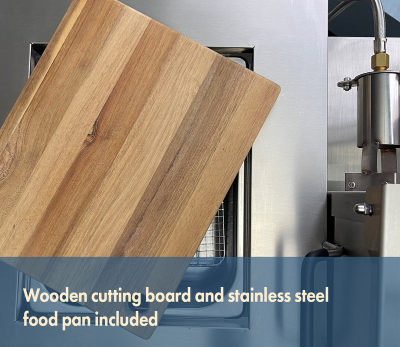 The 2.5-gal Bayou Fryer with workstation close-up image of the wooden cutting board and stainless steel food pan