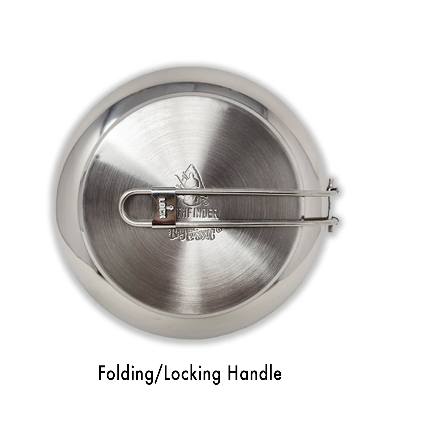 Stainless skillet showing how handle folds for easy storage on a white background.  Copy reads folding and locking handle.