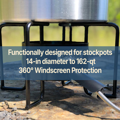 Outdoor cooking setup with a metal pot on a stand, featuring text that reads functionally designed for stockpots 14-in diameter to 162-qt, and 360 degree windscreen protection.