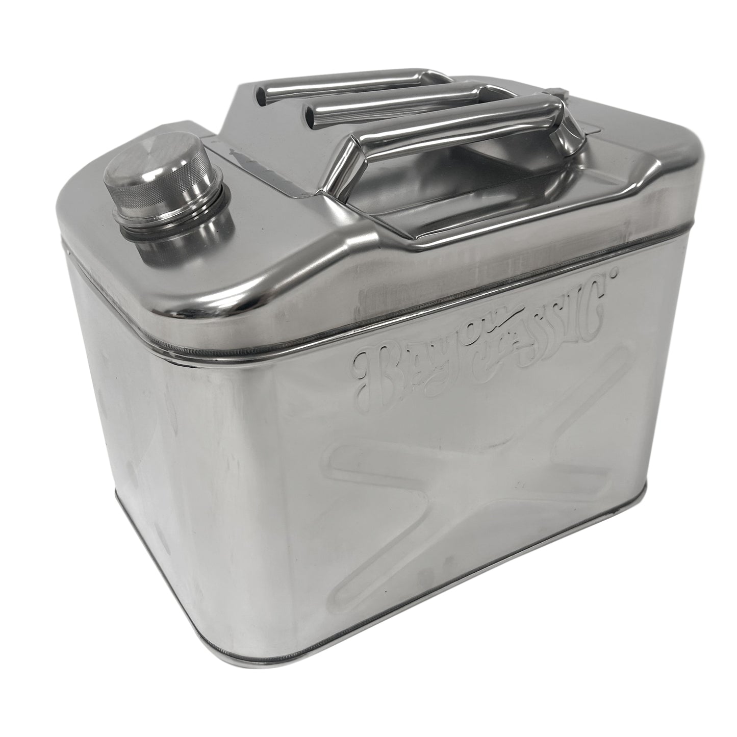 Stainless jerry oil can with a handle on a white background