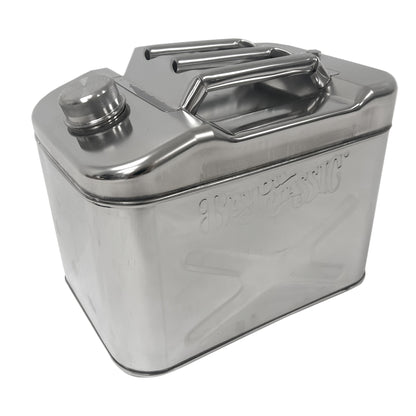 Stainless jerry oil can with a handle on a white background