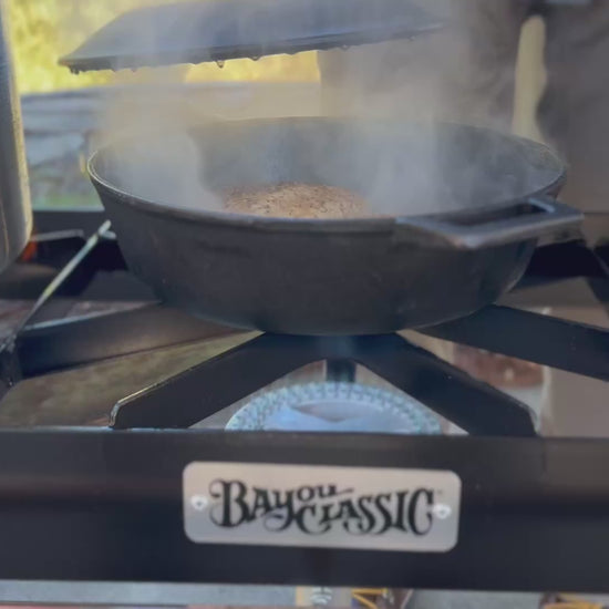 Video of cast iron skillet on a triple cooker