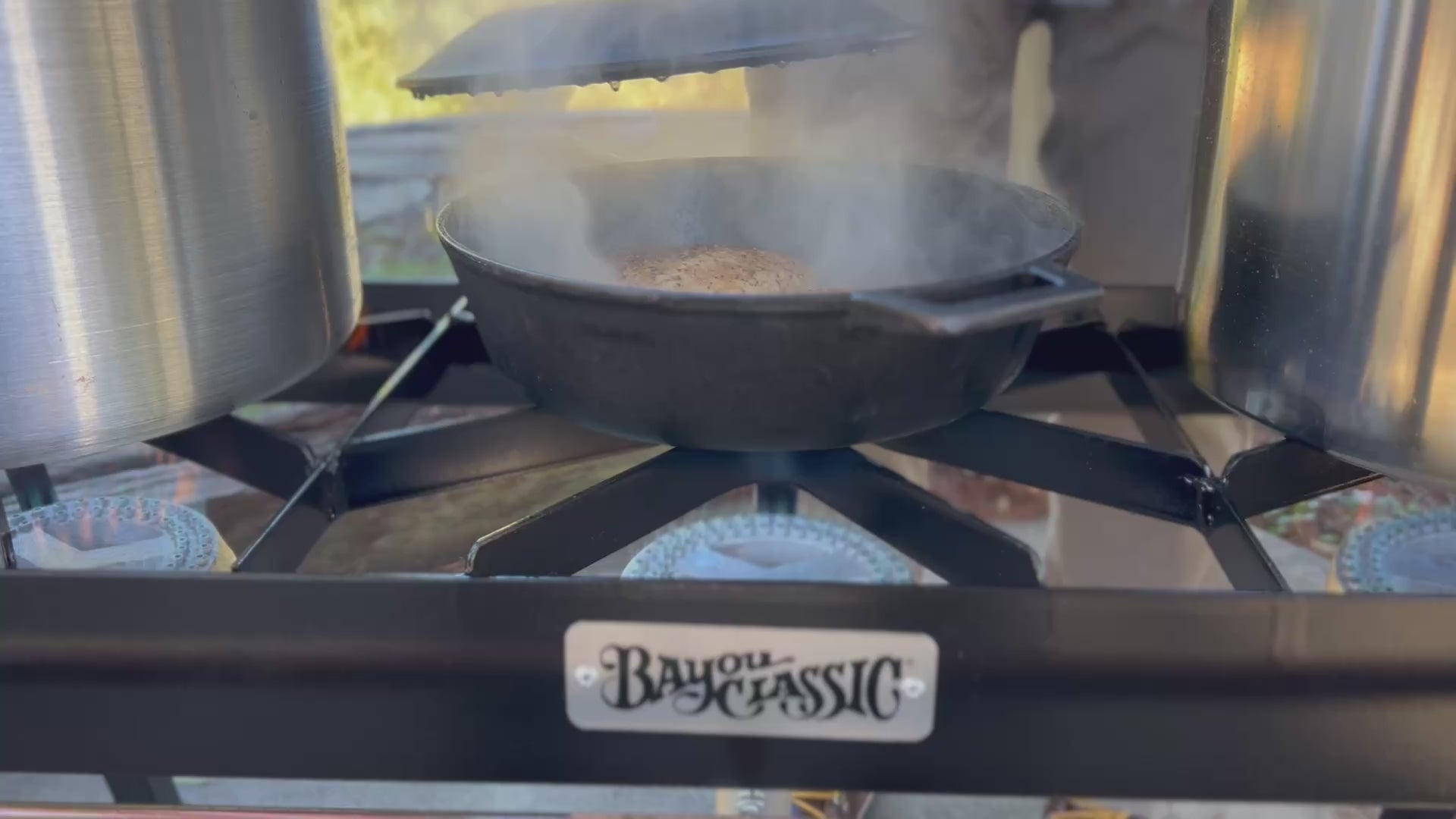 Video of cast iron skillet on a triple cooker