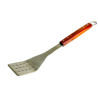 Stainless spatula with a hardwood handle on a white background