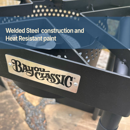 Bayou Classic outdoor patio stove with text that reads welded steel construction and heat-resistant paint 