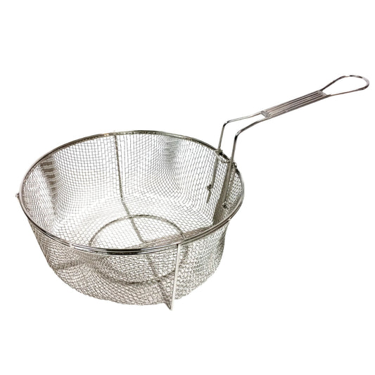 A stainless steel round mesh fry basket with a folding handle.