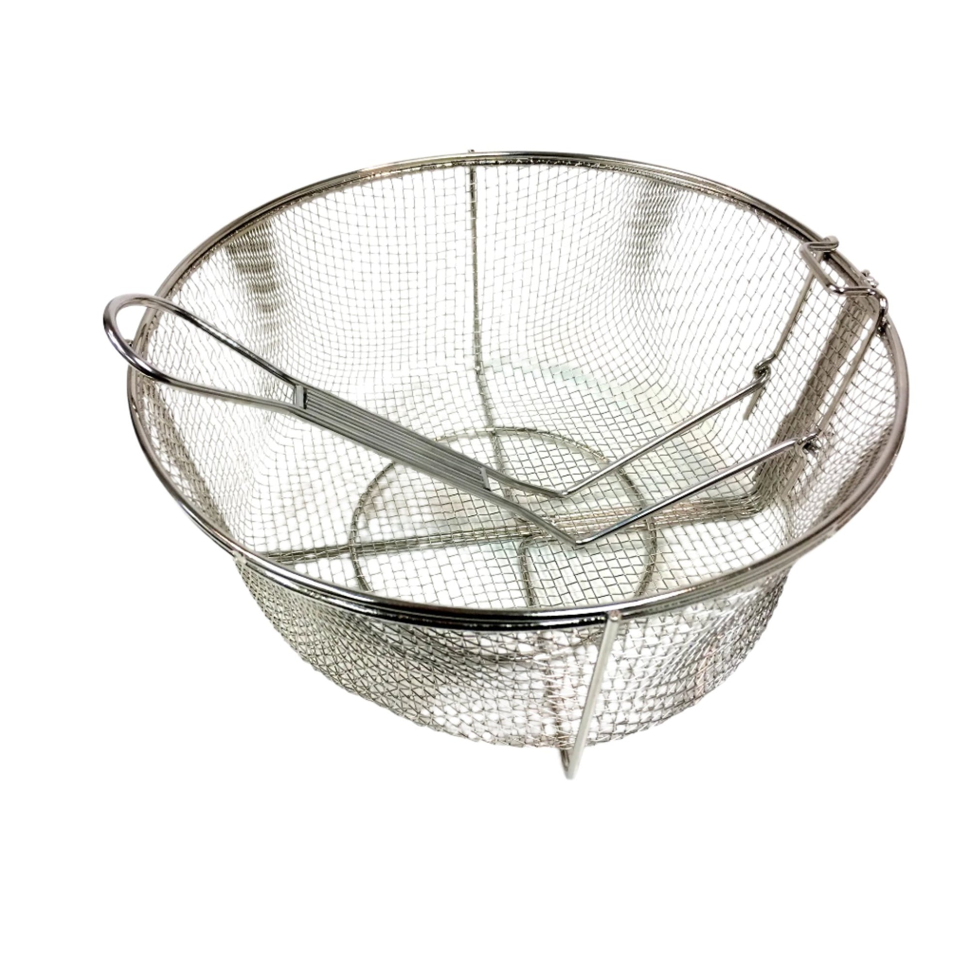 Stainless Mesh Fry Basket showing handle folded in for storage
