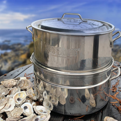 Stainless oyster steamer outside in a coastal setting