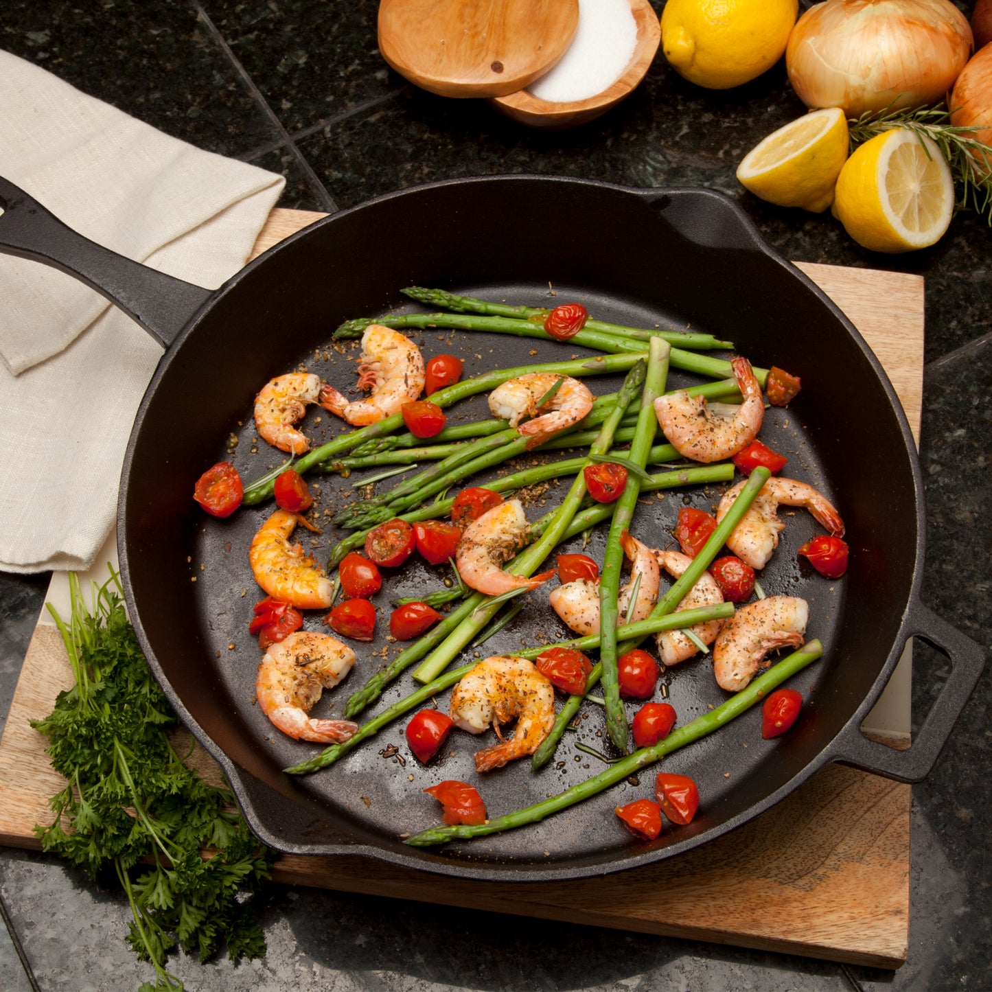 Cast Iron Skillet with shrimp, green beans, and tomatoes