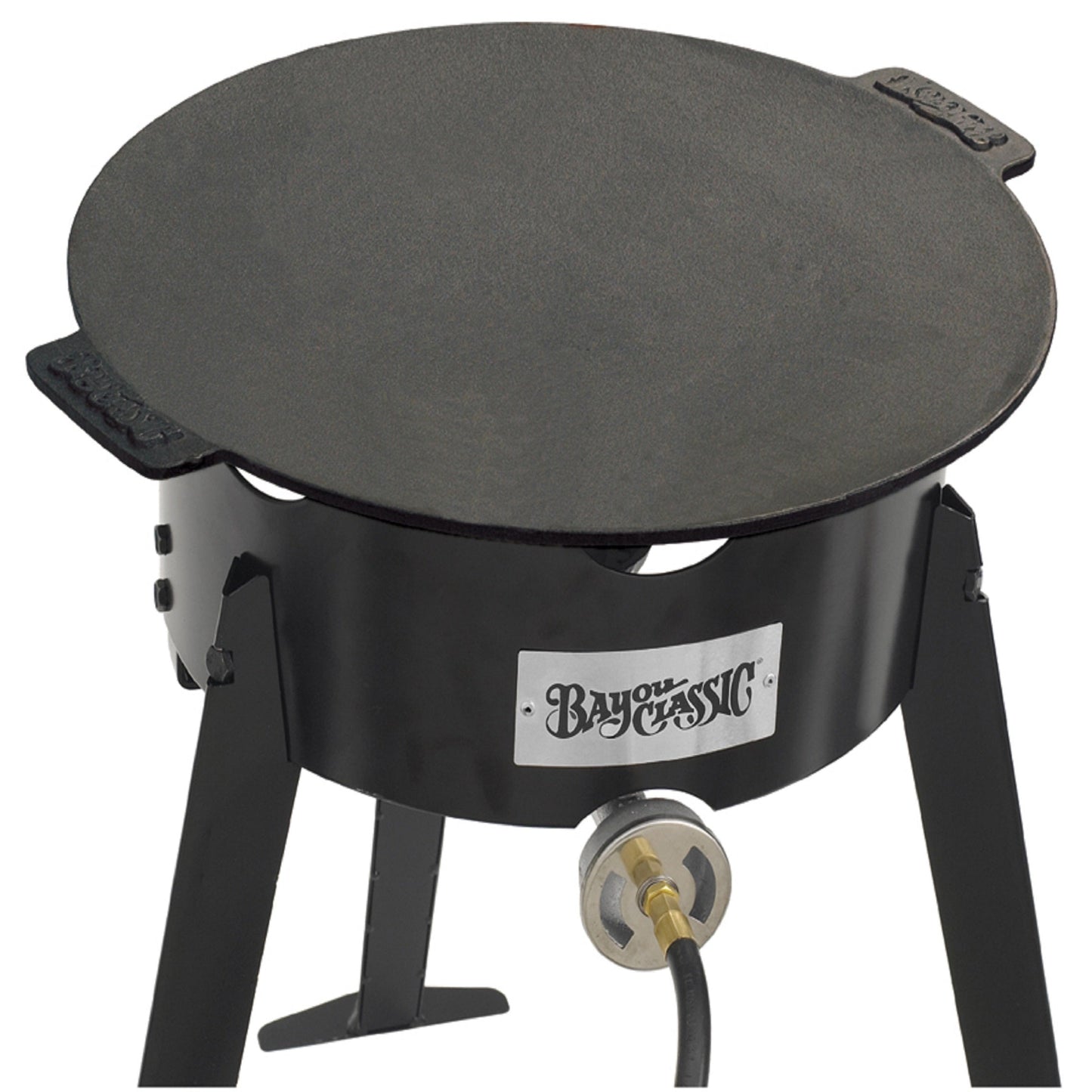Cast Iron Discada on an outdoor cooker on a white background