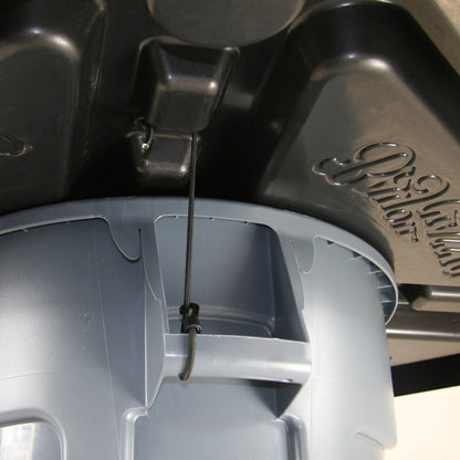 Bottom image of seafood table showing how it uses included bungee cords to attach to garbage can handles