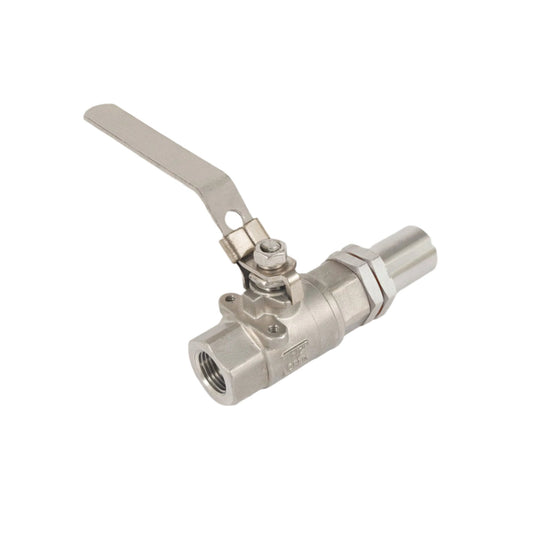 Stainless steel weldless ball valve with a lever handle and threaded connector, designed for homebrewing.